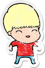 distressed sticker of a happy cartoon boy