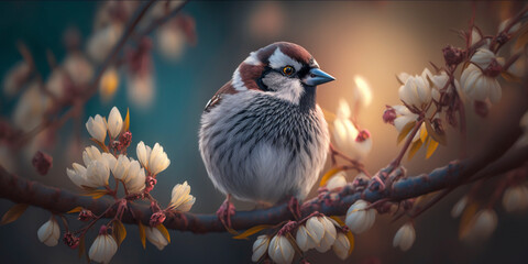 Spring bird on blossoming branch created with ai generative tools