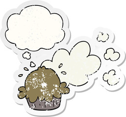 cute cartoon pie and thought bubble as a distressed worn sticker