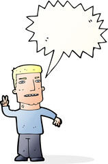 cartoon man giving peace sign with speech bubble