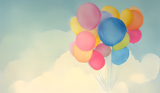 watercolor painting of multicolor balloons in the blue sky with clouds, generative ai