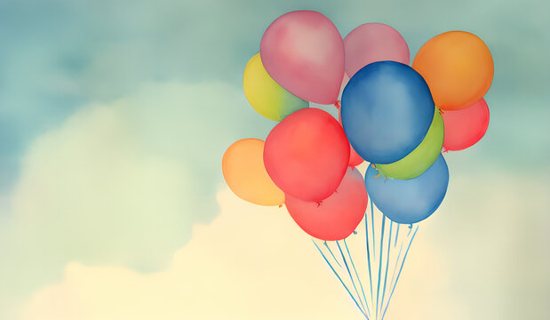 watercolor painting of multicolor balloons in the blue sky with clouds, generative ai