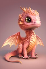 Image of cute pink dragon on purple background, created using generative ai technology