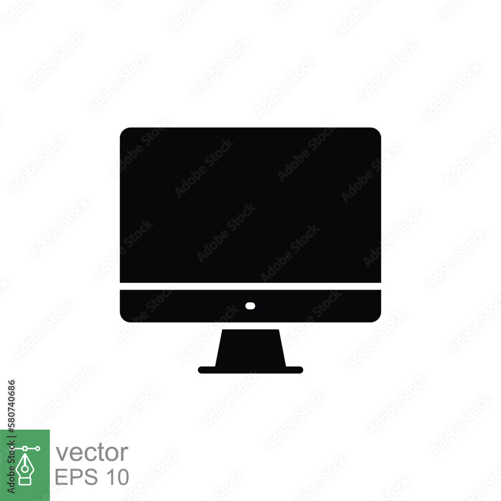 Poster pc monitor icon. simple solid style. screen, tv, desktop computer display concept. black silhouette,