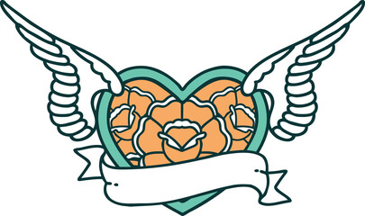 tattoo style icon of a flying heart with flowers and banner