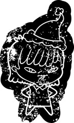 cartoon distressed icon of a woman wearing santa hat