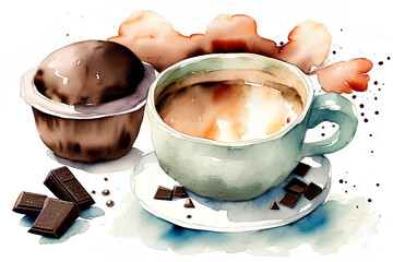 Coffee time, cappuccino, chocolate, watercolor, illustration, digital art. © 3 six 9 Creations
