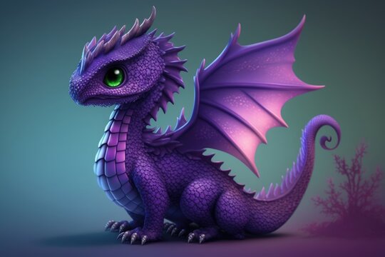 Image of cute blue dragon over purple background with plant, created using generative ai technology