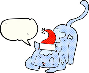 comic book speech bubble cartoon cat wearing christmas hat