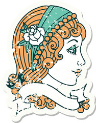 grunge sticker with banner of a gypsy head