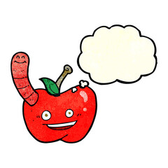 cartoon apple with worm with thought bubble