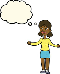 cartoon happy woman shrugging shoulders with thought bubble