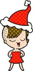 happy comic book style illustration of a girl in cocktail dress wearing santa hat