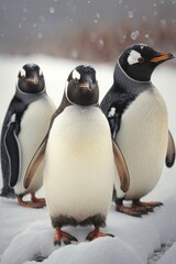 Three penguins looking at the camera with snow in the background, created using generative ai technology