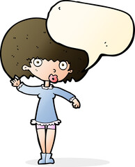 cartoon waving girl with speech bubble