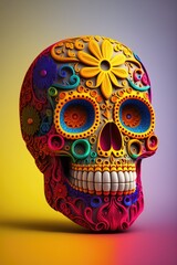 Colourful mexican decorative sugar skull on colourful background, created using generative ai technology