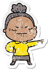 distressed sticker of a cartoon annoyed old lady