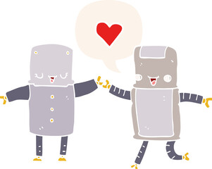 cartoon robots in love and speech bubble in retro style