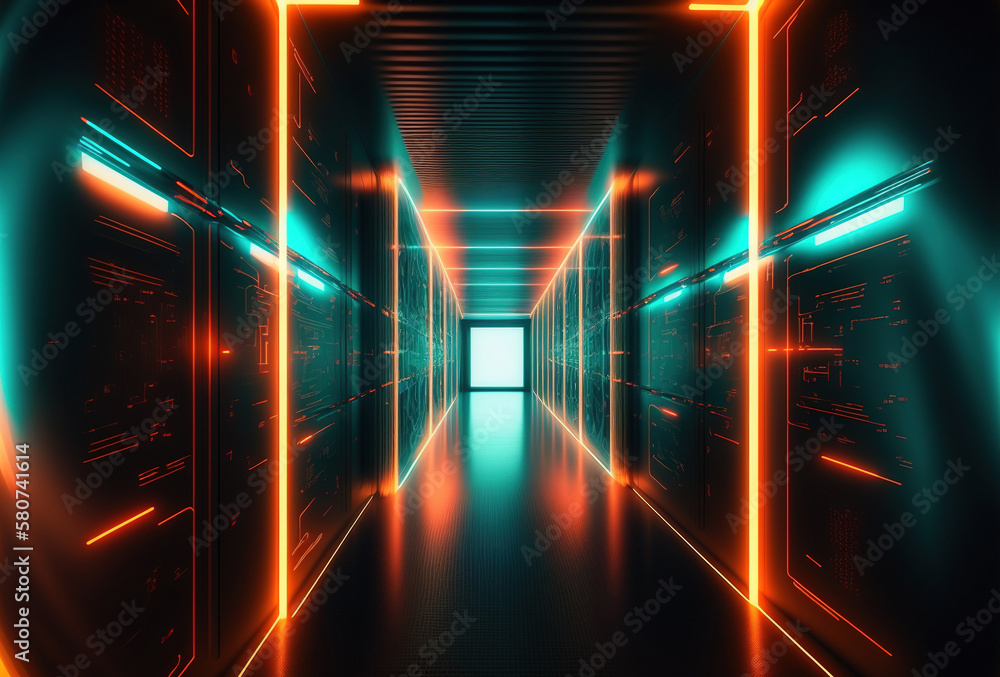 Poster a fantastic neon tunnel, the corridor of a spaceship. immersion in virtual reality, artificial intel