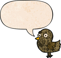 cartoon bird and speech bubble in retro texture style