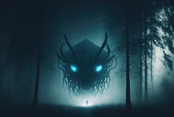 Scary alien monster in the misty night forest. The creepy silhouette of a huge creature with glowing eyes is illuminated by the moon. 3D rendering. AI generated.