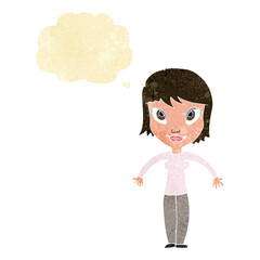 cartoon woman shrugging shoulders with thought bubble