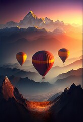 hot air balloons flying above mountain peaks and mountain valley, Generative AI