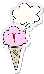 cartoon ice cream with face and thought bubble as a printed sticker