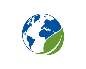 Globe with green leaf surrounding logo