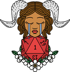 crying tiefling with natural one D20 dice roll illustration