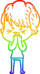 rainbow gradient line drawing cartoon frustrated woman