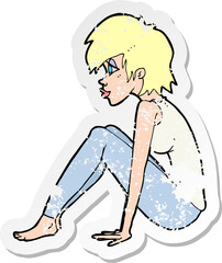 retro distressed sticker of a cartoon woman sitting