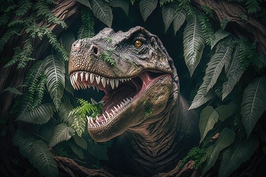 Tyrannosaurus rex roaring over frame of leaves in jungle, created using generative ai technology
