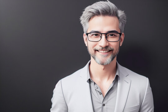 A white-haired man with glasses and a white beard smiles at the camera against a black background. Generative AI