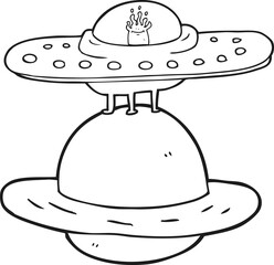 black and white cartoon flying saucer
