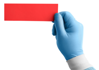 Medical hand holds white card for word