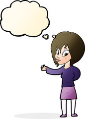 cartoon woman making welcome gesture with thought bubble