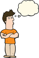 cartoon man with folded arms with thought bubble