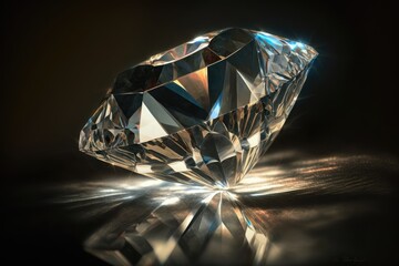 Close up of cut diamond with reflection on black background, created using generative ai technology