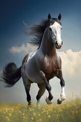 Obraz na płótnie Canvas Brown horse running in meadow, created using generative ai technology