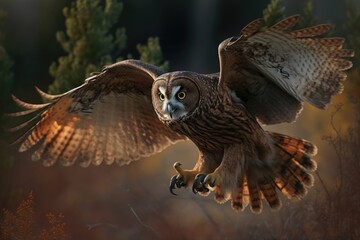 Close up of owl flying in forest, created using generative ai technology