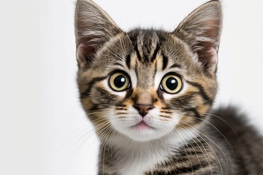 A picture of a small cat looking at the camera. Against a white background. Generative AI