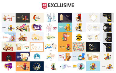 Exclusive set ramadan. Collection of scenes with Ramadan sale, Discount, Delivery, Cashback, Iftar party, Greeting card Ramadan Kareem, and Eid Mubarak,Trendy vector style