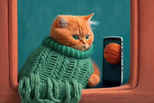 A Small Scottish Kitten Is Looking At The Green Screen Of A Phone. Getting The Word Out About Things For Cats And Kittens. Color Code. The Cat Is Wearing A Knitted Orange Sweater And Is Sleeping Near