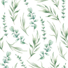 Watercolor seamless pattern with eucalyptus leaves and green grass. Isolated on white background. Hand drawn clipart. Perfect for card, fabric, tags, invitation, printing, wrapping. 