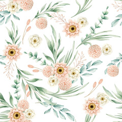 Watercolor seamless pattern with eucalyptus, pink and white flowers, green grass. Isolated on white background. Hand drawn clipart. Perfect for card, fabric, tags, invitation, printing, wrapping.