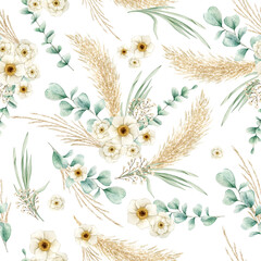 Watercolor seamless pattern with eucalyptus, white flowers and pampas grass. Isolated on white background. Hand drawn clipart. Perfect for card, textile, tags, invitation, printing, wrapping.