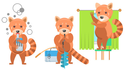 Set Abstract Collection Flat Cartoon Different Animal Red Pandas A Fisherman Makes A Hole With A Hand Drill, Hangs Curtains, Smokes Vape Vector Design Style Elements Fauna Wild