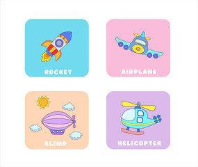 Vector cute set of vehicles, vehicle isolates in cartoon flat style.