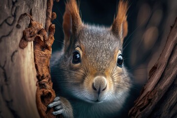 Squirrel on tree , close up portrait . Animal concept. Generative AI